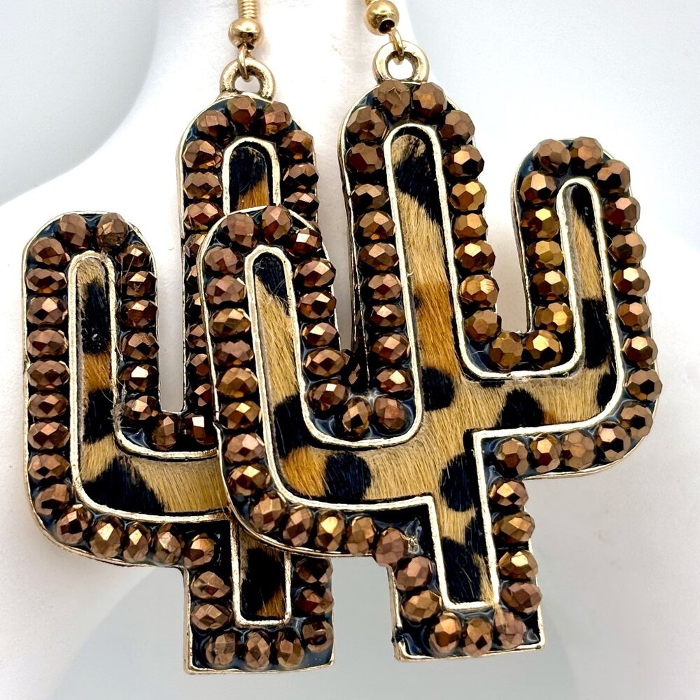 Brown Crystal Beaded Leopard Animal Print Saguaro Cactus Western Dangle Earrings